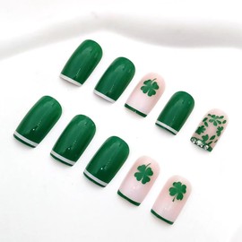 St. Patrick's Press on Nails Clover Short Square Fake Nails with Rhinestone Designs Green French Tip False Nails Full Cover Glossy Stick on Nails St. Patrick's Glue on Nails for Women Girls