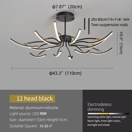 LANGLITIAODENG Black DIY Chandeliers Modern Chandelier Pendant Lighting LED Fixture Remote Control Dimmable 12-Lights Industrial chendelier for Living Room,Kitchen,Study Room