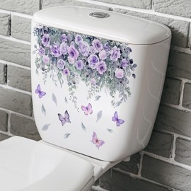 2 Sheets Flower Toilet Stickers Purple Plant Rose Butterfly Toilet Lid Decals Self-Adhesive Toilet Bathroom Wall Decoration