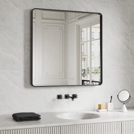 JISOSO 38x38 Inch Black Bathroom Mirror Wall Mounted, Rounded Matte Black Framed Mirror, Black Bathroom Vanity Mirror, Tempered Glass, Anti-Rust, Horizontal/Vertical