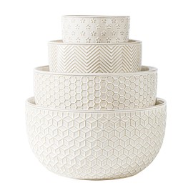MIKIGEY Ceramic Mixing Bowls, Embossed Nesting Bowls, Mixing Bowl Set of 4, Mixing Bowls for Cooking, Baking, Serving, Popcorn, Salad etc, Microwave and Dishwasher Safe, 20/47/99/148 oz, Off-White