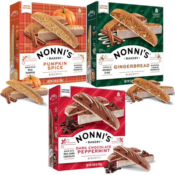 Nonni's Holiday Italian Biscotti Cookies - 3 Boxes Christmas Cookies - Dark Chocolate Peppermint Cookies, Gingerbread Cookies & Pumpkin Cookies - Biscotti Individually Wrapped Cookies - 6.88 oz
