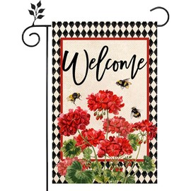 Welcome Spring Red Hydrangea Garden Flag 12x18 Inch Double Sided for Outside Home Small Burlap Plaid Yard Welcome Flag Decoration
