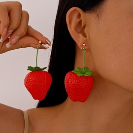 Strawberry Earrings for Women Cute Red Strawberry Drop Dangle Earring 3D Acrylic Simulated Fruit Resin Earring Lightweight Dainty Kawaii Trendy Jewelry, Large, Acrylic Resin, No Gemstone