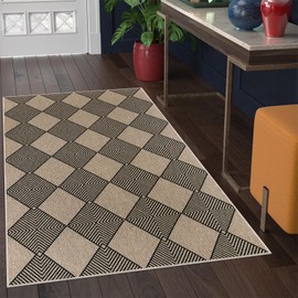 SHACOS Easy Jute 3x5 ft Washable Area Rug Diamond Trellis Non Slip Door Mat Natural Woven Texture Checkered Geometric Throw Rug for Entryway Kitchen Indoor Outdoor Patio Carpet Black Plaid, 3'x5'