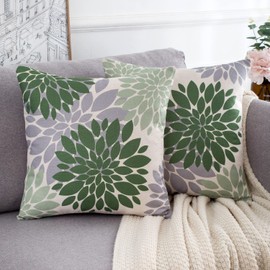 Pack of 2 Outdoor Cushion Covers, 45 x 45 cm, Linen Cushion Covers, Sofa Cushion, Decorative Couch Cushion, Dahlia Flower Cushion Cover, Geometric Summer Decorative Cushion for Sofa, Living Room,