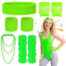 5Pcs Neon 80s Fancy Dress Costume Accessories Set for Women, Retro 80s Accessories with Leg Warmers, Fishnet Gloves, Headband, Wristbands, Necklace, for 1980s Theme Party