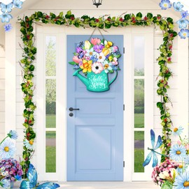 Seeloowy Spring Door Decor Happy Spring Sign 11.81 x 11.81 Inch Flower Welcome Wreaths for Front Door Rustic Wooden Decorations for Easter Party Home Outdoor Indoor Decor