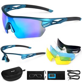 Rilobi Polarized Sports Sunglasses, Recommended by Road Cyclist, 5 Interchangeable Lenses, 2 Frames, Men's, Women's, Ultra Lightweight, UV400, Cycling, Running, Fishing, Golf, Baseball Glasses