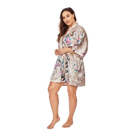 KIM+ONO Plus Size Women's Satin Kimono Robe Short - Floral - Peacock & Blossoms - Willow (grey), Satin Kimono Robes for Women with Floral Designs, 35.5 inches in Length, Plus Size.