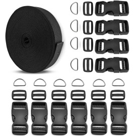 1 Inch Buckle Strap Set with 10 Yards Nylon Webbing, 10 Metal D Rings, and 10 Quick Release Buckles, 10 Tri-Glide Slides for Diy Luggage projects 、dog halters and collars、backpacks