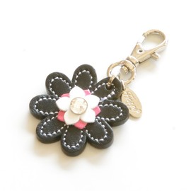 Happy HC-03 Flower Charm, Genuine Cow Leather, Rhinestone, Jewel, 9 Colors, Keychain, Made in Japan, black (1)