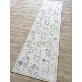 Cream Blue Oushak Runner Rug, Modern Runners, Vintage, Turkish, Eclectic, Floral, Pastel, Washable, Long Runner Rugs for Hallway, Kitchen, Living Room, Bedroom, Kitchen, Bathroom, 2'5"x13'
