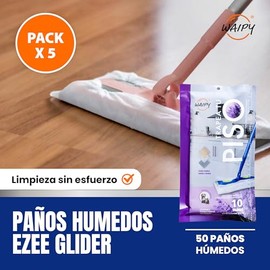 50 Paños Humedos Ezee Glider | Repuesto de Paños de Limpieza de Piso Húmedos con Aroma a Lavanda | Pack de 5 Paquetes con 10 Paños húmedos de 20cm x 27cm | Repuestos para Trapeador