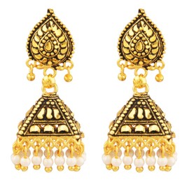 Efulgenz Gold Tone Indian Jewelry for Women Stylish Earring Set Indian Gold Tone Oxidized Drop Faux Pearl Jhumka Jhumki Earrings Indian Bridal Jewelry for Wedding Fashion Jewelry, Metal Copper, not known
