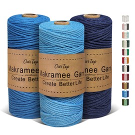 OurTop Premium Macrame Yarn Set of 3, 3 mm x 100 m Macrame Cord, Macrame Cord, Yarn for DIY Crafts, Weaving Decoration, Hanging Plant Hanger (Light Blue, Blue, Dark Blue)