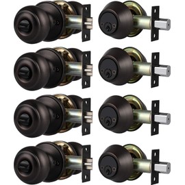 Brotima 4 Pack Keyed Alike Door Knob with Double Cylinder Deadbolt Lock Set, Oil Rubbed Bronze Door Lock Sets Exterior, Round Style Door Knob Deadbolt Combination Set