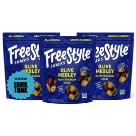 Freestyle Snacks Olive Snack Packs - As Seen on Shark Tank - Fresh Pitted Green & Kalamata Olives, Jumbo-Sized, Grown in Greece, All Natural, Non-GMO, Sugar-Free - Mediterranean Herb, 4oz (3 Pack)