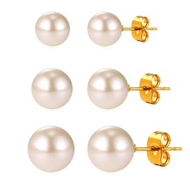 Pearl Earrings for Women 18k Gold Plated Surgical Stainless Steel Post Industrial Ball Stud Earrings 3 Pairs Pack