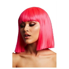 Smiffys Fever Lola Wig, Neon Pink Blunt Cut Bob with Fringe, 30cm/ 12in, Fever Wigs Fancy Dress, Fever Dress Up Wigs