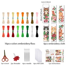 FREEBLOSS 6 Set Kreuzstich Lesezeichen Sets Mit Katzenmotiv Rosenmuster Gestempeltes Kreuzstich Set DIY Stickset Lesezeichen Bastelset Mit Anleitung Für Anfänger 6x20cm