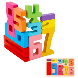 BOXOB Wooden Number Blocks, Montessori Toy, 1-10 Stacking Building Blocks, Wooden Sensory Number Blocks, Puzzle Game, Balance Competition Toy for Children from 3 Years, Educational Toy, Gifts