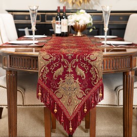 Loom and Mill Luxury Vintage Chenille Table Runner 120 Inches Long, Red Damask Jacquard Table Runners with Multi-Tassels for Dining Room Dresser Party Banquet Christmas Decor(Red,13x120 inch)