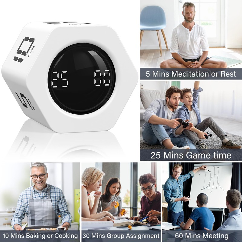 Rotating Pomodoro Timer 5, 25, 10 30,60 Mins Preset Stopwatch,