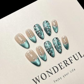 Uñas postizas de almendra medianas para mujer, 10 unidades, de lujo, hechas a mano, con pintura 3D, acrílicas y ABS
