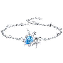 Hifeeled Turtle Anklet Women's Silver 925 Chain with Ball Beads Anklet Summer Barefoot Beach Anklets Adjustable 22 cm + 4, One size, Silver, Cubic Zirconia