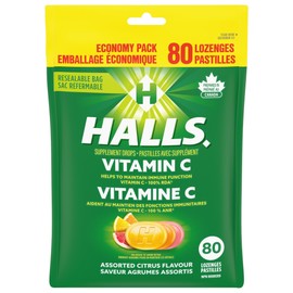 HALLS Vitamin C Assorted Citrus Flavour Supplement Drop Lozenges, Throat Lozenges, Economy Bulk Pack of 80 Lozenges