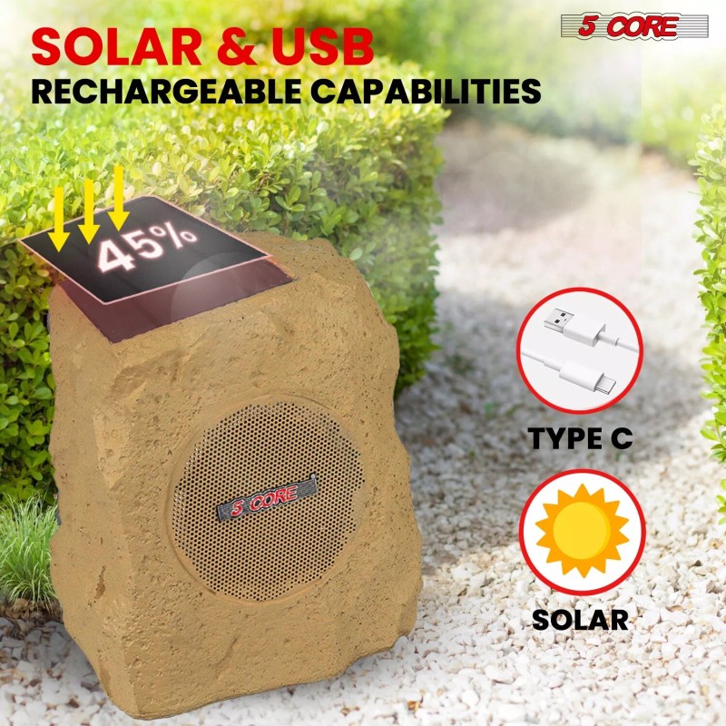 5Core Rock Speaker Outdoor Waterproof Bluetooth Garden Speakers Solar USB