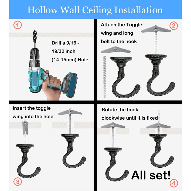 Evsteluo 2 Sets Large Swag Ceiling Heavy-Duty Hooks with Complete