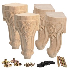 La Vane 4 inch / 10cm Wooden Furniture Legs, Set of 4 European Style Solid Wood Carving Furniture Replacement Feet Decoration for Sofa Cabinet Wardrobe Table Loveseat