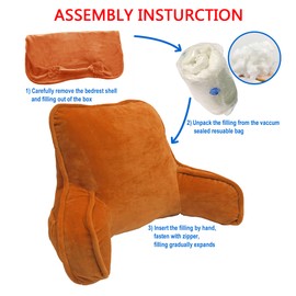 Bytide Super Soft ASSEMBLY NEEDED DIY Backrest Reading Bed Rest Pillow with Arms and Pockets 18"H for Sitting in Bed Couch Sofa, Removable Cover and Filling Seprated Set, 20" x 18" x 17", Burnt Orange