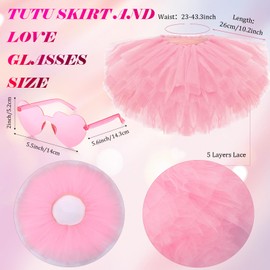 12 Pcs Tutu Skirt and Heart Shaped Sunglasses Tulle Ballet 5 Layered Tutus for Women 80s Party Dance Costume(Pink)