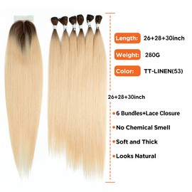 N BLE STAR Synthetic Hair 6Bundles with Lace Closure 26 28 30 Inch Brown Ombre Blonde 613 Yaki Straight Hair Weave Swiss Lace Hair Extension Heat Resistant Synthetic Bundles