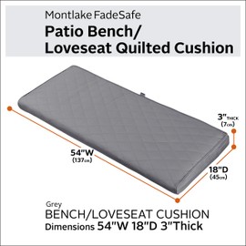 Classic Accessories Montlake Water-Resistant 54 x 18 x 3 Inch Outdoor Quilted Bench Cushion, Patio Furniture Swing Cushion, Grey, Patio Loveseat Cushion