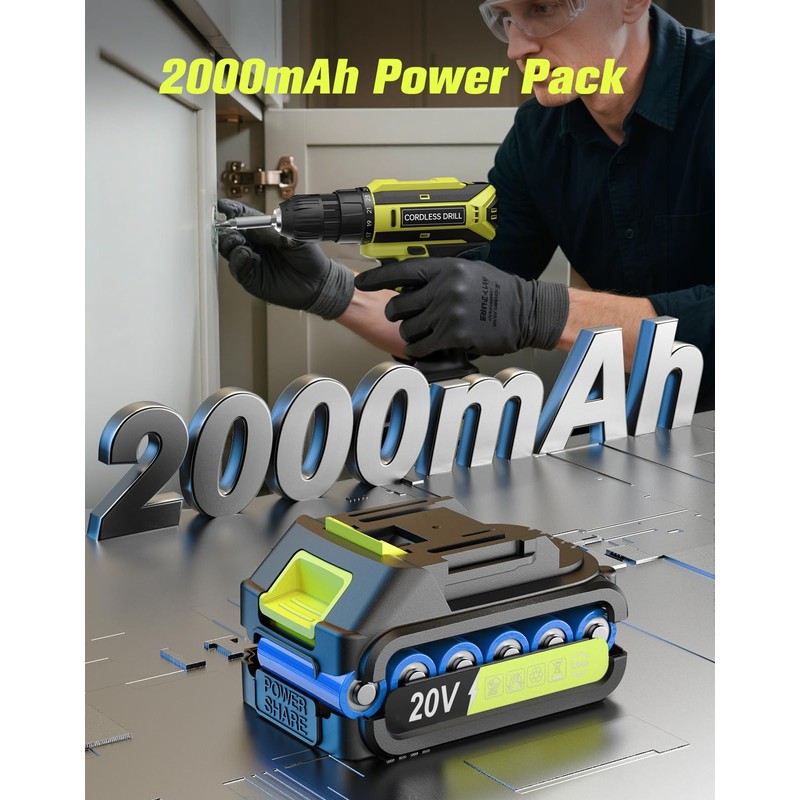 Cordless Drill, 20V MAX Power Drill Set with 2.0Ah Power