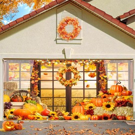 Fall Thanksgiving Garage Door Cover Decorations Backdrop 7x16ft Large 2 Car Autumn Garage Door Banner Wheat Field Window Pumpkin Haystack Fall Outdoor Garage Door Banner Happy Fall Party Decor Supplie