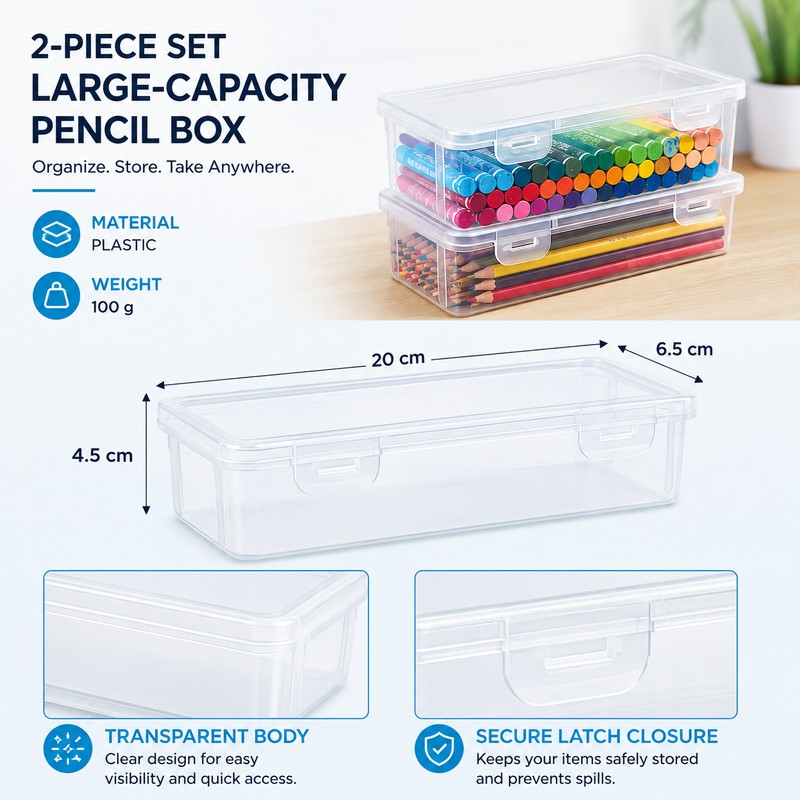 2-Pack Transparent Pencil Boxes for Art & School Supplies –