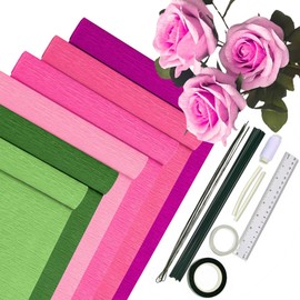 Crepe Paper Set of 6 Colourful, 6 Rolls 25 x 200 cm Crepe Paper Gradient Pink with 15 Floral Wire, Florist Tape, Double-Sided Tape, Ruler, Sewing Thread, Crepe Paper Flowers Crafts (Pinke Series)