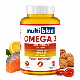 MultiBlue - Omega 3 Salmon Oil 60 Capsulas | Con Aceite de Pescado, EPA, DHA, CoQ10, Vitamina D3 y E | Sin Gluten, 100% Naturales, Libres de OMG | Certificado GMP | 2 caps diarias, 1 mes - Sabor Limon