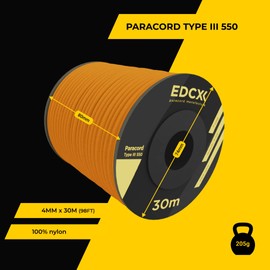 EDCX 4mm Nylon Paracord 550 30m (100 feet) - Type III, 100% Nylon Rope, 7 Strand Rope, 4mm Nylon Rope in Solid Colors (Orange Yellow, 30 m)