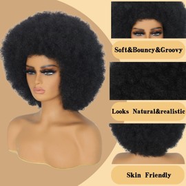 MYCNIMY Afro Wigs for Black Women 70s Afro Curly Wigs Soft Natural Looking Fluff and Bouncy Black Afro Wigs Synthetic Hair Big Afro Wig for Daily Party Cosplay Costume(Black)