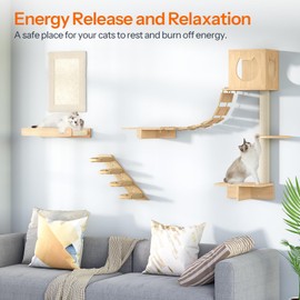 HOOBRO Wood Cat Wall Shelves, Set of 5 Modern Cat Wall Furniture with Corridor, Plush Hammock, Steps, Scratcher and Climbing Shelves for Playing, Sturdy, Durable and Safe, Natural NL45CS03