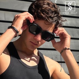 SHEEN KELLY Retro Thick Hexagon Sunglasses Men Women Trendy Oversized Square Chunky Black Dark 90s Glasses, Z6