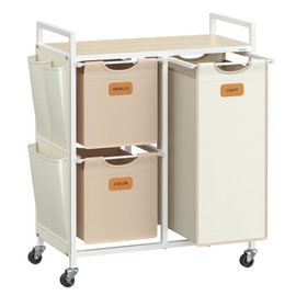 VASAGLE Laundry Hamper with 3 Compartments, 26.4 Gal. (100 L) Laundry Sorter, Rolling Laundry Cart with Shelves, Small Side Pockets, 6 Labels, Natural Beige, Camel Brown and Cream White UBLH202N01