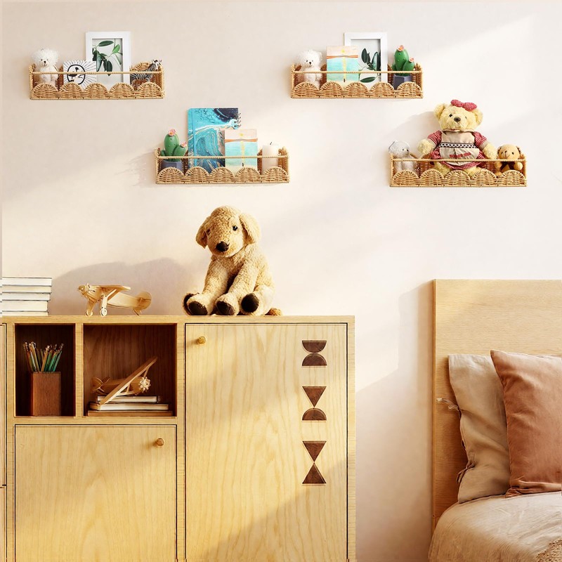 Pinkunn 4 Pcs Scalloped Rattan Wall Shelves Boho Floating Rattan