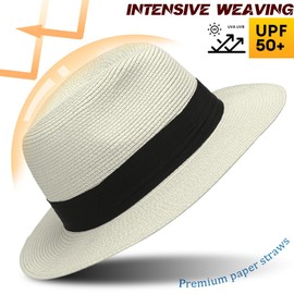 Ruphedy Straw Fedora Sun Hat for Women Wide Brim Panama Beach Hats Foldable UPF 50+ (Cream-M)